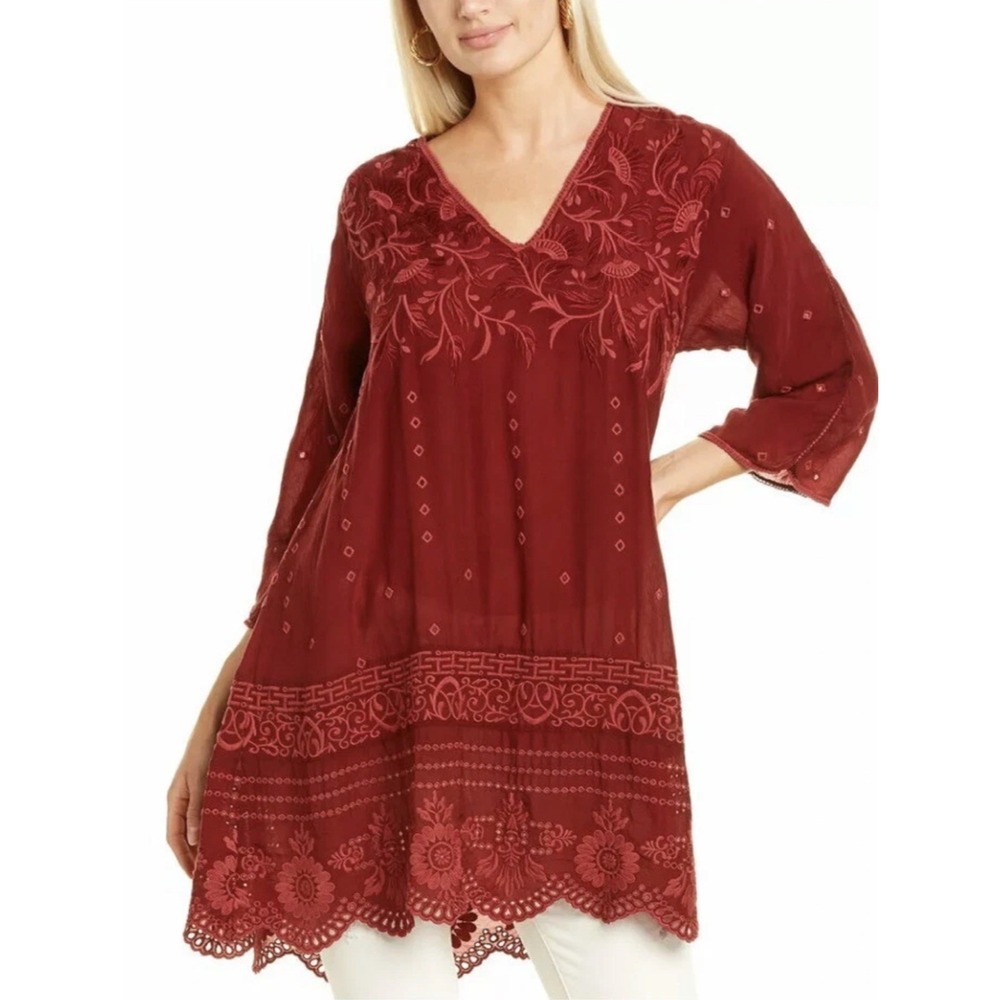 Johnny Was Embroidered Tunic Dress V Neck 3/4 Sleeve Women's Size S